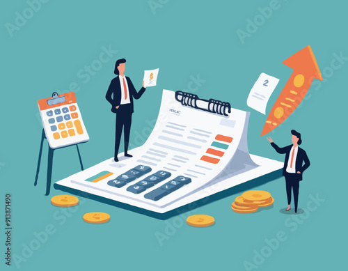 Tiny Accountant Characters Make Accountant Report Check Money Balance at Huge Clip Board Calculate Bookkeeping Data