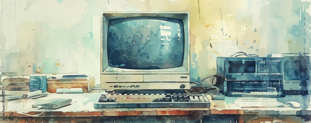 A watercolor painting of a vintage computer with a CRT monitor and a ...