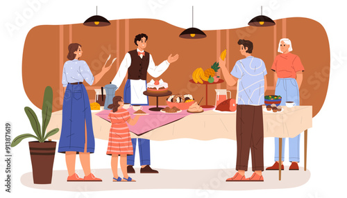 Buffet meal with people. Swedish smorgasbord vector. Table with food dish and beverage. Furshet scene at hotel service or restaurant banquet. Catering station for dinner, lunch and breakfast snack.