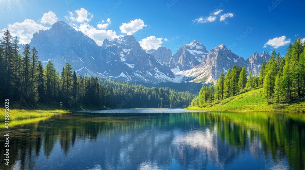Majestic mountain range with snow-capped peaks under a clear blue sky, surrounded by lush green forests and a serene lake reflecting the beauty of nature Majestic mountain range with snow-capped peaks under a clear blue sky, surrounded by lush green forests and a serene lake reflecting the beauty of nature