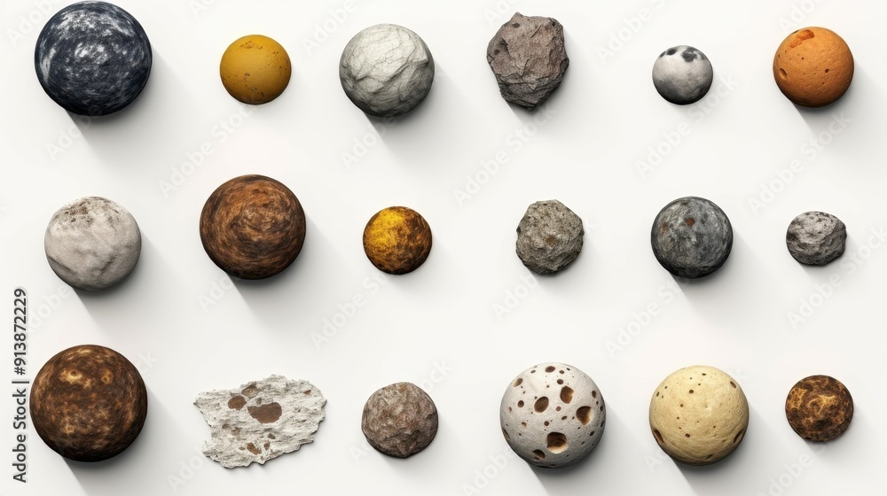 Collection of different asteroids and meteors on a white background, variery of planets Collection of different asteroids and meteors on a white background, variery of planets