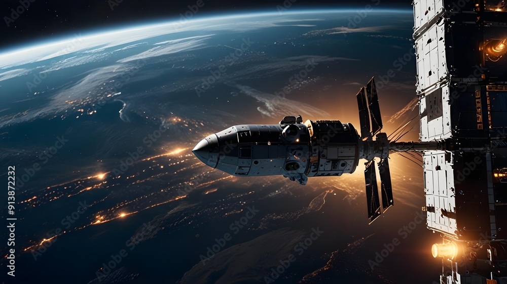 Space Station Orbiting Earth with Sunlight Reflection Space Station Orbiting Earth with Sunlight Reflection