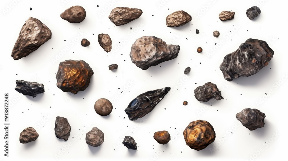 Collection of different asteroids and meteors on a white background, variery of planets Collection of different asteroids and meteors on a white background, variery of planets