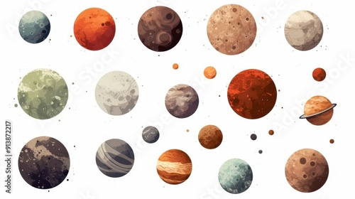 Collection of different asteroids and meteors on a white background, variery of planets photo