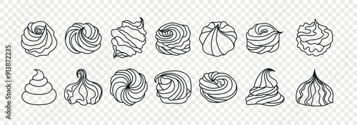 Vector set of hand drawn meringues and zephyr. Collection of zephyr silhouettes on a white background. Sweet marshmallow for bbq, cooking, for recipes, stickers.