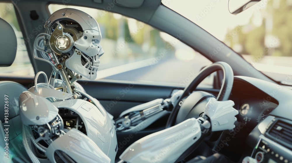 A futuristic robot operates a car, showcasing an advanced level of autonomous driving technology. A futuristic robot operates a car, showcasing an advanced level of autonomous driving technology.