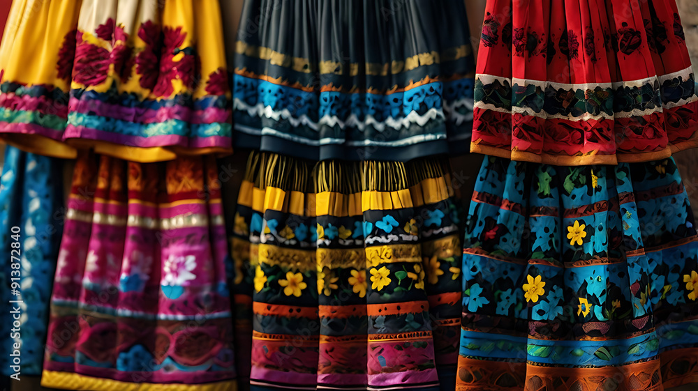 Fototapeta premium An image showcases a vibrant display of traditional Hispanic skirts, each adorned with intricate floral patterns.