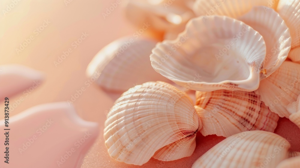 A collection of white seashells sit on a soft pink surface, evoking memories of the beach and the calming sea breeze. A collection of white seashells sit on a soft pink surface, evoking memories of the beach and the calming sea breeze.