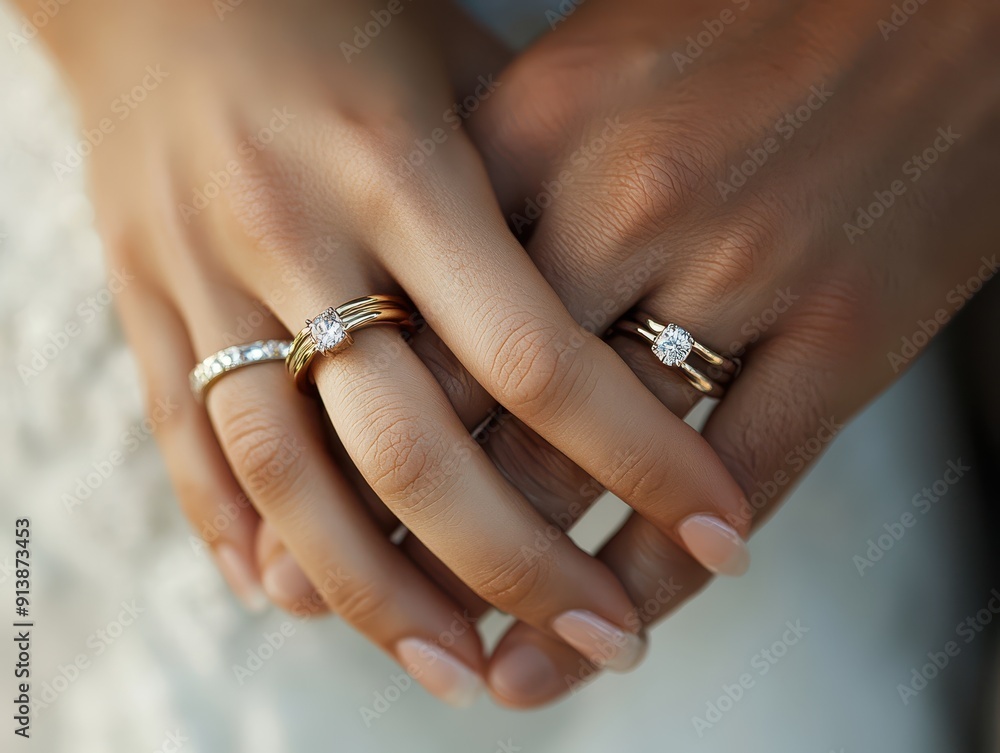 Closeup of hands intertwined with wedding rings, soft focus, sentiment of commitment Closeup of hands intertwined with wedding rings, soft focus, sentiment of commitment