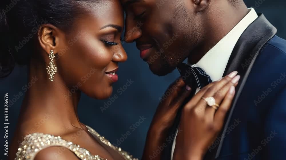 Elegant black couple in formal wear, romantic close-up of man adjusting bowtie Elegant black couple in formal wear, romantic close-up of man adjusting bowtie