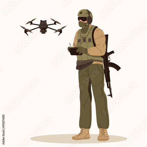 Vector soldier operating quadcopter. Drone operator with remote control for UAV or quadrocopter. Warrior in camouflage with surveillance or spy aerial device. Military copter for war.Unmanned aircraft