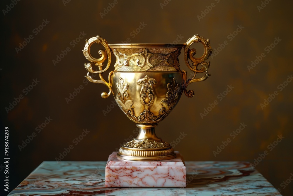 A gold trophy gleaming on a marble table, A gilded golden trophy with a marbled base, AI generated A gold trophy gleaming on a marble table, A gilded golden trophy with a marbled base, AI generated