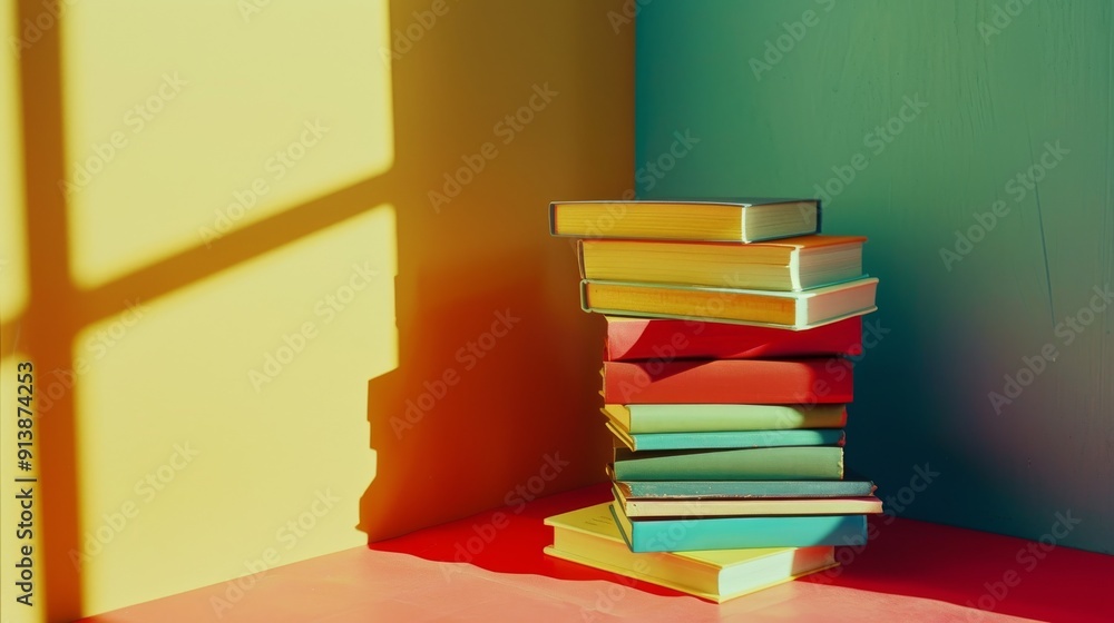 A vibrant stack of books against a dramatic interplay of shadow and light, celebrating literature and creativity. A vibrant stack of books against a dramatic interplay of shadow and light, celebrating literature and creativity.