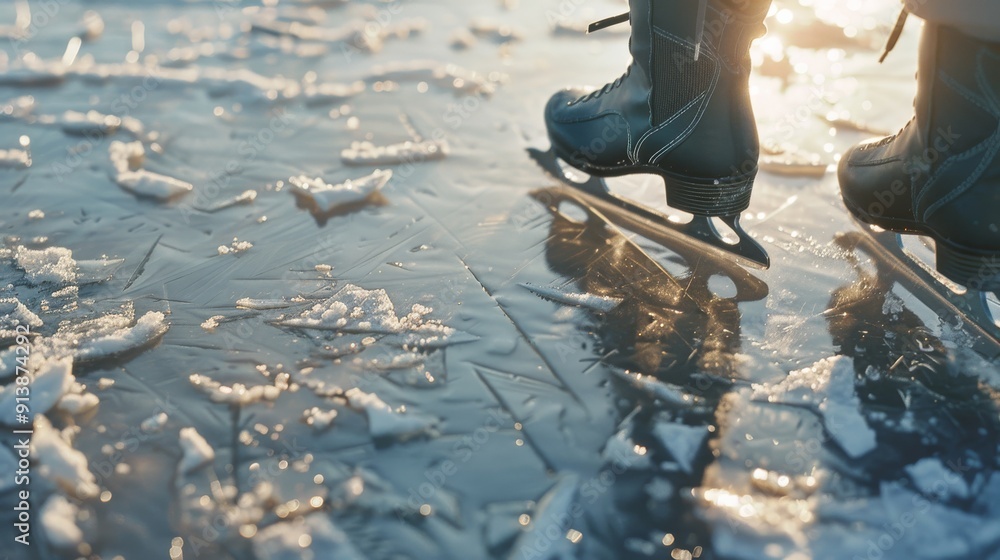 Close-up of ice skates gliding over rough, cracked ice, casting reflections in the soft, backlit glow of the setting sun. Close-up of ice skates gliding over rough, cracked ice, casting reflections in the soft, backlit glow of the setting sun.