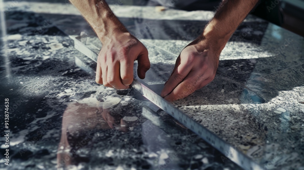 Hands meticulously measure a stone with a ruler in a sunlit workshop, reflecting precision and craftsmanship. Hands meticulously measure a stone with a ruler in a sunlit workshop, reflecting precision and craftsmanship.