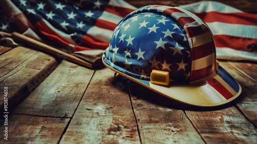 Rustic, wooden surface with an American flag draped over it. The flag displays the traditional red, white, and blue colors with stars and stripes.  photo