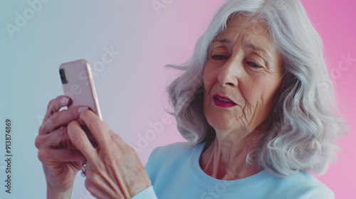 An elderly woman with gray hair and in a light blue sweater, looks at her smartphone with a soft, amazed expression on a pastel background. photo