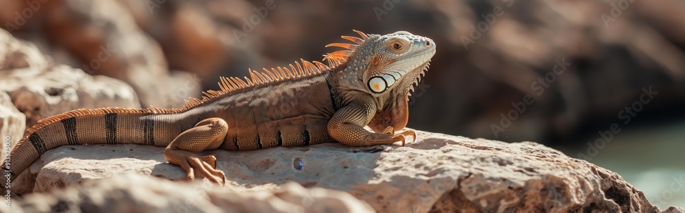 Obraz premium An iguana basks in the sun on a rock, its scales shimmer in the light