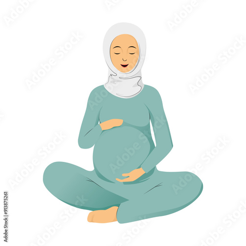 Muslim pregnant woman in blue hijab in lotus pose and holding her belly