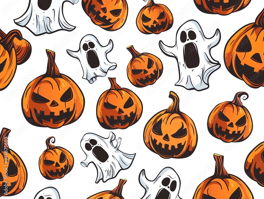 Seamless pattern with jack-o-lantern pumpkins and ghosts for Halloween. Seamless pattern with jack-o-lantern pumpkins and ghosts for Halloween.