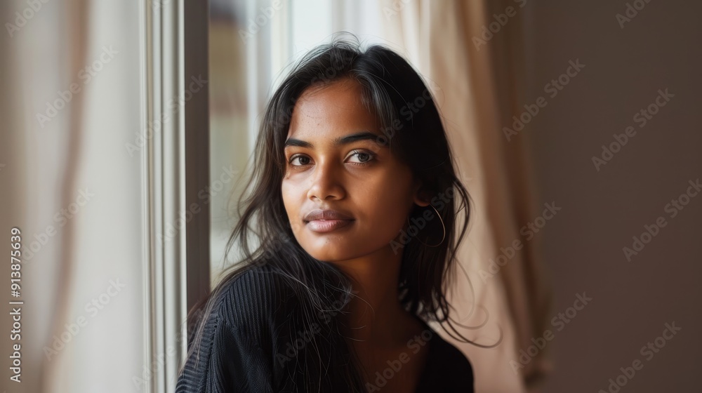 A young woman gazes thoughtfully out of a window, her hair softly illuminated by natural light in a calm, domestic setting. A young woman gazes thoughtfully out of a window, her hair softly illuminated by natural light in a calm, domestic setting.