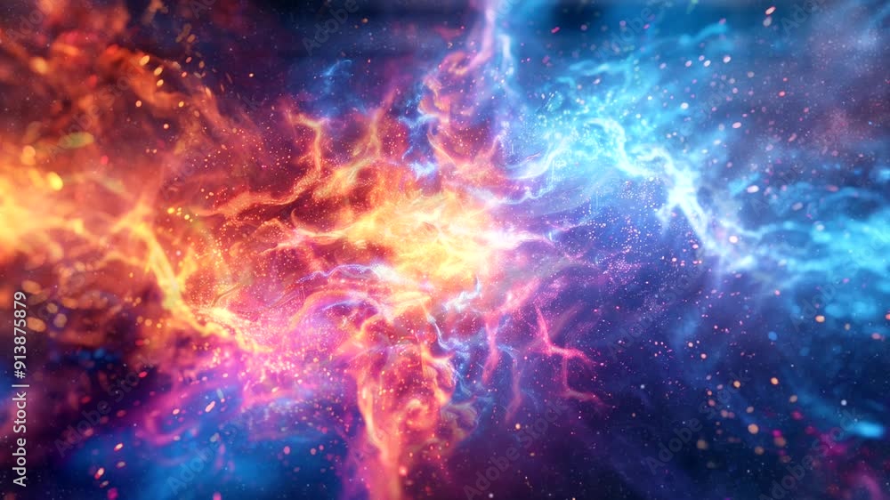 Dynamic energy explosion with neon particles and swirling plasma waves. Dynamic energy explosion with neon particles and swirling plasma waves.