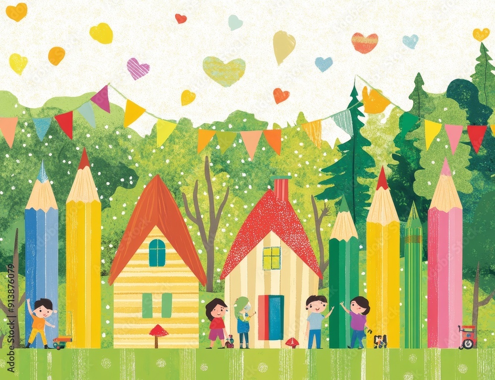 Having fun with the pencil house illustration are the children Having fun with the pencil house illustration are the children
