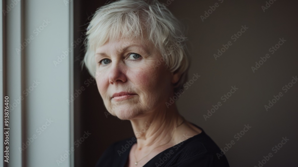 An elegant elderly woman with short grey hair stands near a window, her expression serene and composed as the soft light highlights her face. An elegant elderly woman with short grey hair stands near a window, her expression serene and composed as the soft light highlights her face.