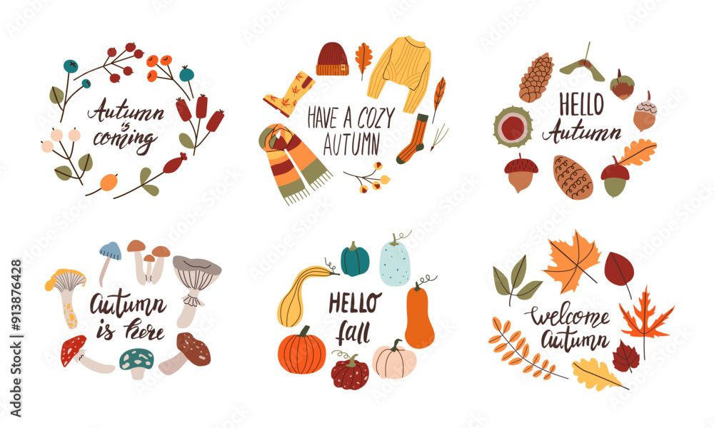 Autumn hand drawn lettering set . Fall season handwritten slogan. Autumn phrase with cute cozy design elements isolate on white background. Autumn hand drawn lettering set . Fall season handwritten slogan. Autumn phrase with cute cozy design elements isolate on white background.