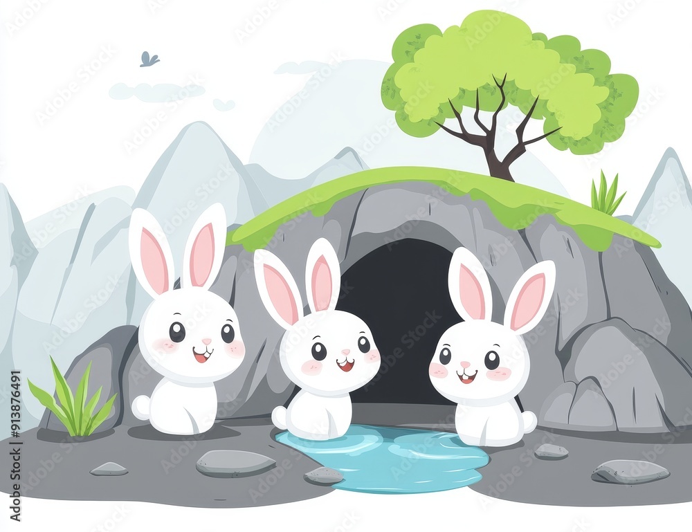 A cartoon of rabbits playing near a small pond with three rabbits A cartoon of rabbits playing near a small pond with three rabbits