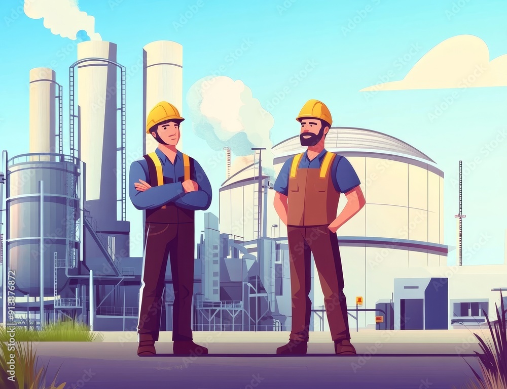 An industrial building with male workers in front of it An industrial building with male workers in front of it