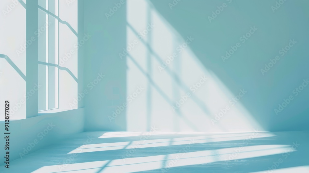 Soft light pours through large windows, casting geometric shadows on a minimalistic, white interior. Soft light pours through large windows, casting geometric shadows on a minimalistic, white interior.