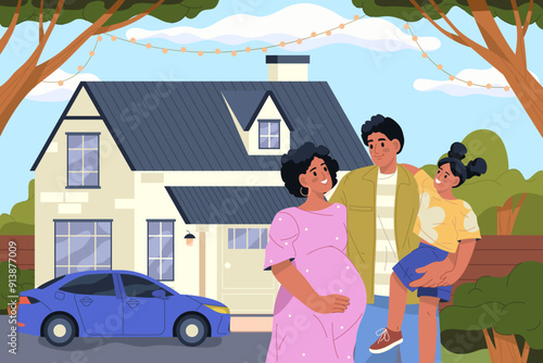 Vector illustration of family near purchased house. Husband with pregnant wife and daughter near rent home and car. Dwelling mortgage or purchase estate. Outdoor couple. Pregnancy and property theme