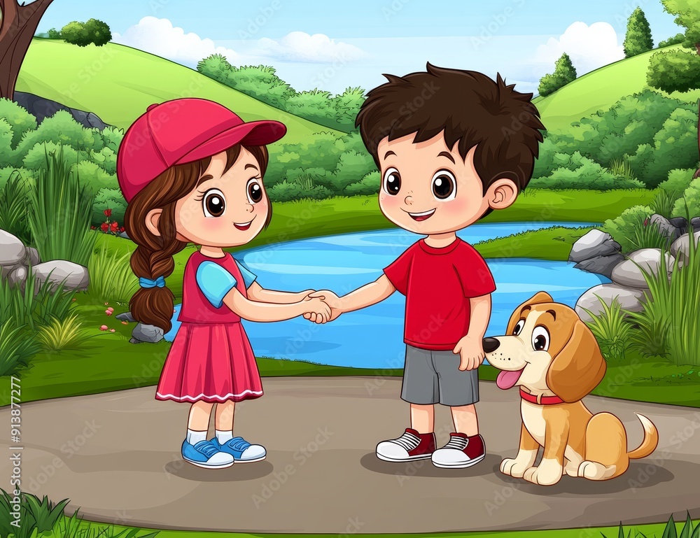 Getting to know each other on the street in a cartoon Getting to know each other on the street in a cartoon