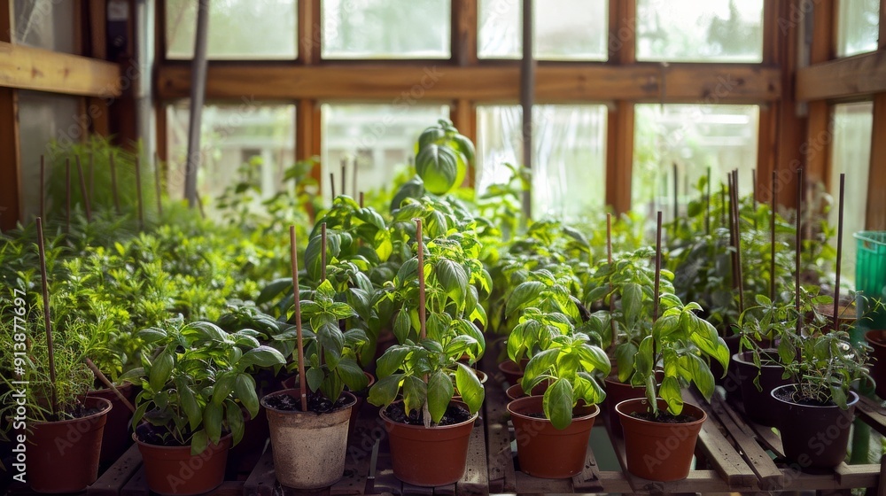 A lush array of potted herbs thriving in a sunlit greenhouse, creating a serene and verdant atmosphere. A lush array of potted herbs thriving in a sunlit greenhouse, creating a serene and verdant atmosphere.
