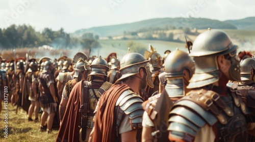 A close-up view of Roman soldiers standing in a straight line, their gleaming armors reflecting the sunlight as they prepare for battle.