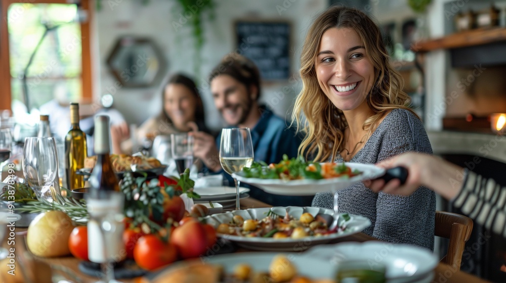 Elegant woman hosting dinner party for friends, joy happiness togetherness positivity Elegant woman hosting dinner party for friends, joy happiness togetherness positivity