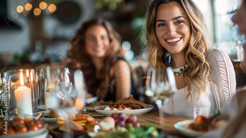 Wallpaper Mural Elegant woman hosting dinner party for friends, table drinking eating talking Torontodigital.ca