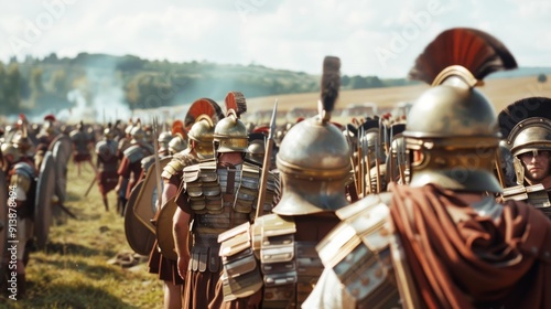 Wallpaper Mural Roman soldiers gather in formation during a military drill in an open field, showcasing their armor and readiness under a clear sky. Torontodigital.ca