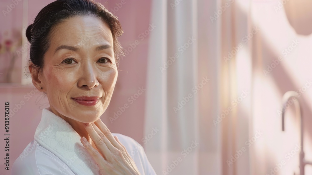Portrait of beautiful asian woman 50 years old on light pink background, skin care and anti aging concept Portrait of beautiful asian woman 50 years old on light pink background, skin care and anti aging concept