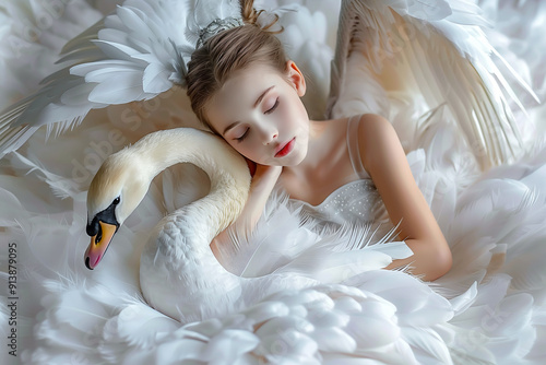 Fototapeta Naklejka Na Ścianę i Meble -  Girl in serene embrace with a swan among feathers