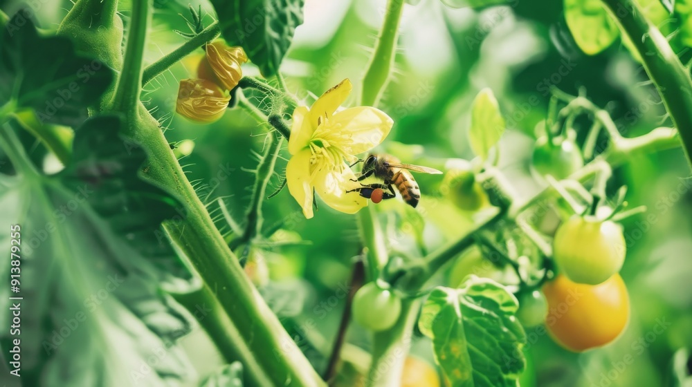 A bee delicately pollinates a vibrant yellow flower amidst lush green tomato plants, a snapshot of nature's intricate and vital processes. A bee delicately pollinates a vibrant yellow flower amidst lush green tomato plants, a snapshot of nature's intricate and vital processes.
