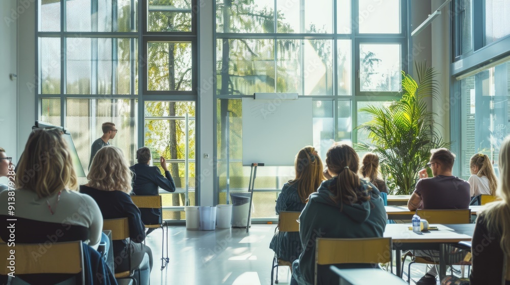 A bright and modern classroom setting with students attentively listening to a presentation, large windows providing ample natural light. A bright and modern classroom setting with students attentively listening to a presentation, large windows providing ample natural light.