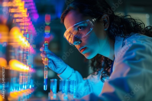 A female chemist mixing chemicals in beakers, A woman in a lab coat analyzing data on a computer screen, AI generated