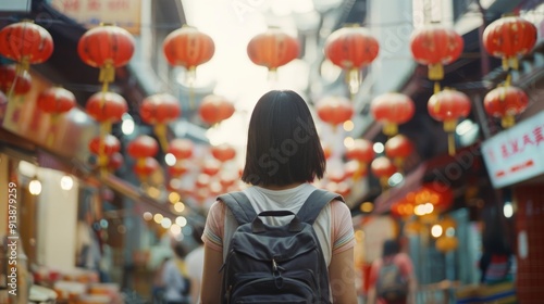 A person with a backpack walks through a festive street adorned with vibrant red lanterns.