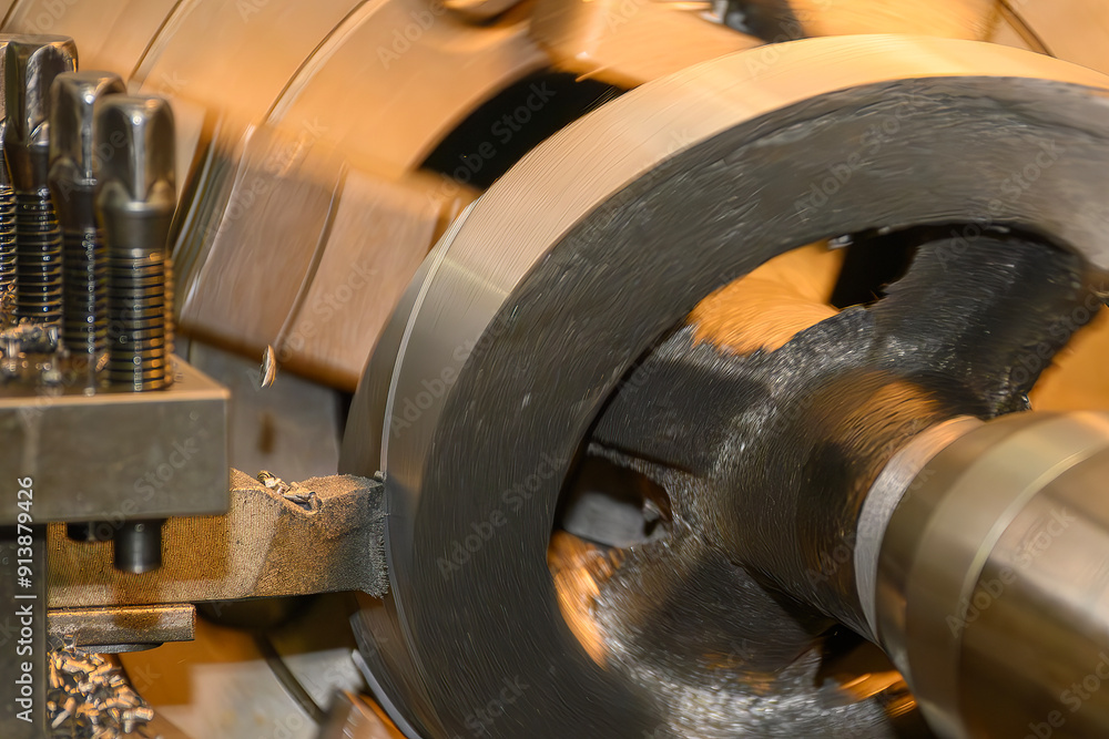 The lathe machine rough cutting the cast iron parts.