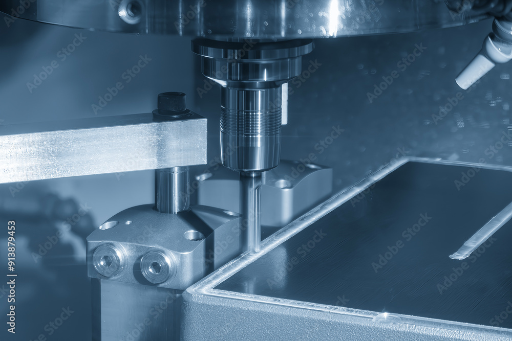 The CNC milling machine finish cut mold base by solid flat end mill tool in the light blue scene. The CNC milling machine finish cut mold base by solid flat end mill tool in the light blue scene.