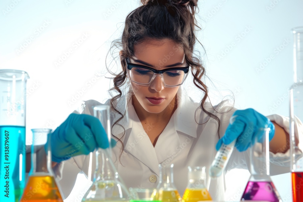Female scientist in lab coat conducting experiment with test tube, A female chemist mixing chemicals in beakers, AI generated Female scientist in lab coat conducting experiment with test tube, A female chemist mixing chemicals in beakers, AI generated