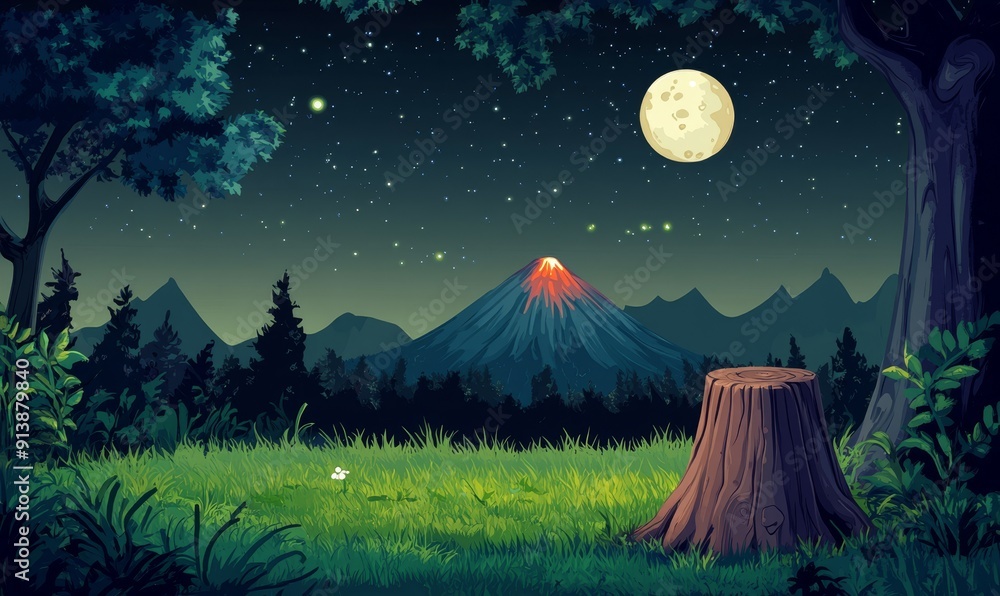 Illustration of a nighttime landscape of nature Illustration of a nighttime landscape of nature