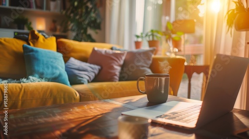 A cozy living room bathed in golden sunlight with a warm-toned sofa, cushions, houseplants, and a steaming mug on the table.